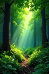 Lush green forest scene, sunlight dappling through leaves onto the vibrant undergrowth  Perfect for nature, ecology, and environmental themes  Tranquil and serene forest landscape ,  moss,  flora