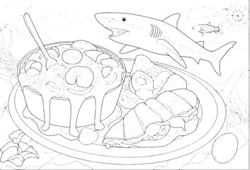 Outlined platter of eclectic cuisine featuring trinidadian bake