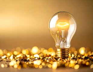 Illuminated lightbulb amidst golden confetti