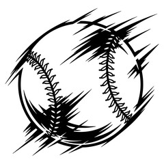 A high-speed, black and white vector graphic of a baseball with dynamic, spiky motion lines.

