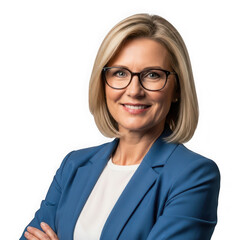 Obraz premium Confident businesswoman in blue blazer with arms crossed blonde smiling isolated on a transparent background