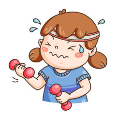 Cute cartoon girl struggling while lifting dumbbells, sweating during workout. Perfect for fitness, exercise, health, motivation, or children’s activity illustrations.
