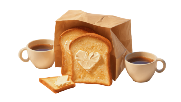 Two slices of toasted bread, buttered, in a brown paper bag, alongside two cups of coffee. A heart-shaped butter pattern is visible on the bread