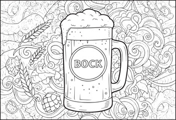 Intricate bock beer illustration for adult coloring, featuring h