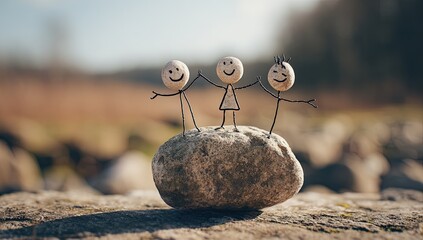 Family of three figures on a rock