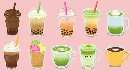 Assorted beverages illustration featuring boba tea, matcha, coffee and ice cream