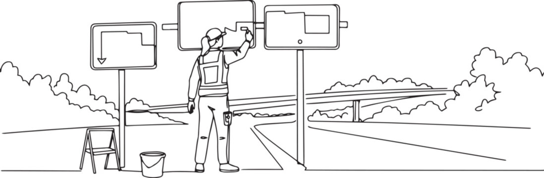 Roadwork safety worker updating directional signs on the highway