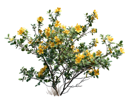 Close-up of a bushy shrub with many small, bright yellow flowers.  Green leaves are interspersed among the blossoms.  Branches spread outward