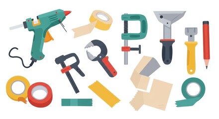 Assorted craft and construction tools displayed on a white background, including glue gun, tape, pliers, and a variety of other equipment.
