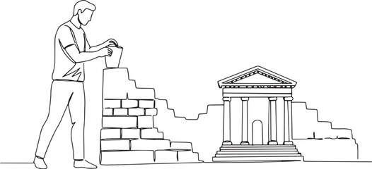 Continuous line drawing depicting the construction of an ancient