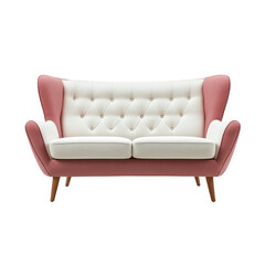 - pink and white sofa, velvet fabric with wooden legs, front view, retro style, with buttons on the backrest  