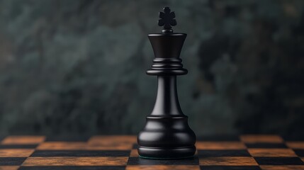 Black chess king piece standing alone on a wooden chessboard with a blurred background