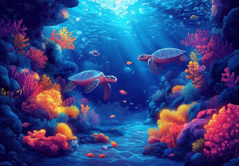 Colorful underwater landscape with sea turtles.