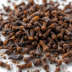 Obraz premium A pile of dried cloves, a pungent spice with a strong aroma, is arranged on a white background for culinary use