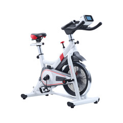 Sleek white stationary exercise bike with black and red accents padded seat adjustable handlebars digital display screen cardio workout equipment isolated