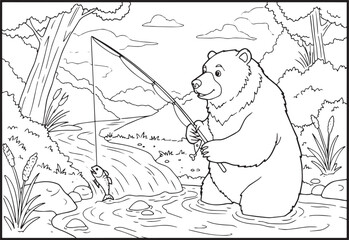 Whimsical illustration featuring a bear fishing in a serene rive