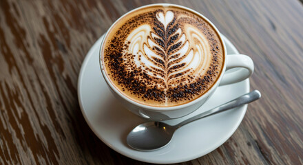 A cup of cappuccino with latte art sits on a saucer with a spoon, resting on a wooden table.