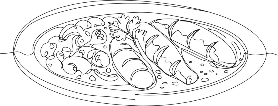 Elegant line art illustration showcasing a sausage and bean dish
