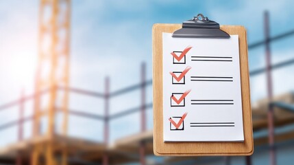 Safety checklist clipboard construction inspection document paper outdoor checklist compliance workplace safety. close up of safety checklist clipboard with red check marks construction site