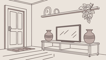 Interior sketch of a living room with a tv stand, vases, shelf and a door in a clean illustration