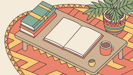 Aesthetic illustration of a cozy living space with books, coffee, and a plant on a patterned rug