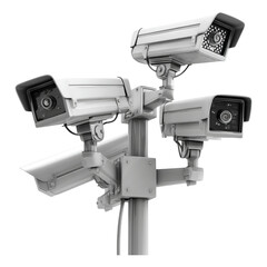 Four bullet style surveillance cameras mounted on single pole angled in different directions with protective casings isolated on white background security infrastructure concept