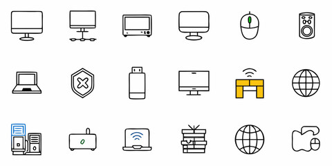 Digital Device Collection for Modern Tech Lifestyle with Computers, Laptops, and Networking Elements in Clean Line Art Style, Ideal for Web Design