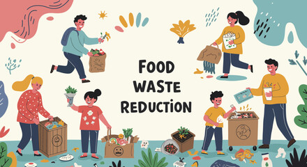 Naklejka premium Illustrative Poster on Food Waste Reduction with People Sorting Food and Compost