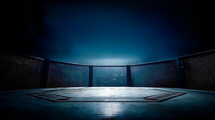 Empty fighting cage illuminated by spotlights in a dark arena