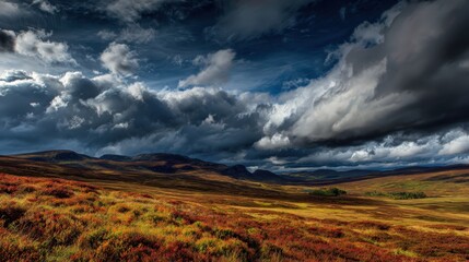 A dramatic landscape of the Scottish Highlands in autumn, with rolling hills covered in heather and dramatic, sweeping clouds. 