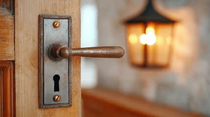 Vintage door lock metal handle wooden door closeup rustic style warm light antique home interior security macro view create nostalgic and cozy atmosphere