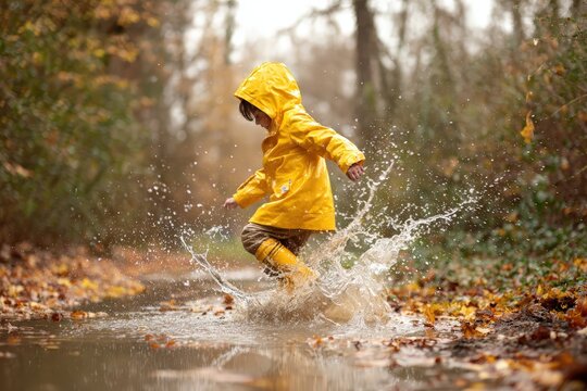 A child in a bright yellow raincoat jumping in a puddle, splashing water and autumn leaves, dynamic action shot, full of joy and energy.  - Powered by Adobe
