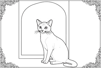 Elegant khao manee cat outline within decorative vintage border