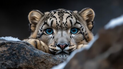 Fototapeta premium Snow Leopard with Striking Blue Eyes Lurking Behind Rocks in Snowy Mountain Setting