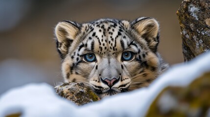 Obraz premium Snow Leopard Cub Peering Curiously from Behind Rocky Surface in Snowy Mountain Landscape