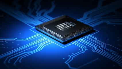 Close up of a futuristic microchip circuit board glowing with electric blue light
