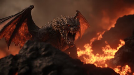 Obraz premium Fierce Fire-Breathing Dragon Roaring Amidst Lava in a Molten Landscape