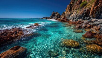 Azure waters lap against vibrant red-brown rocks, sunny coastal scene