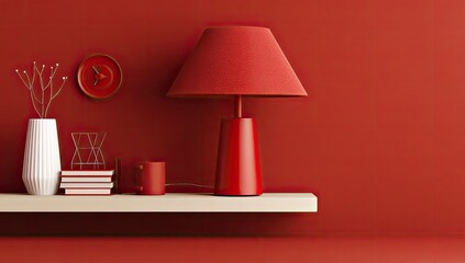 Red shelf with lamp and decorative items