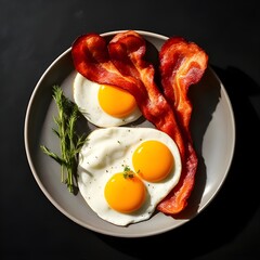 Overhead Shot of Crispy Bacon Strips with Sunny-Side-Up Eggs and Herb Garnish