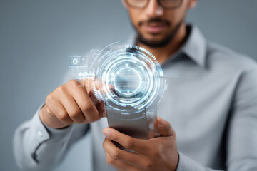 indian Businessman using a smartphone with augmented reality interface, futuristic technology.