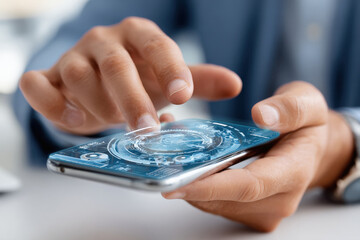 indian Businessman using a smartphone with augmented reality interface, futuristic technology.