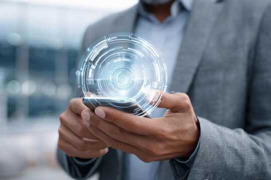 indian Businessman using a smartphone with augmented reality interface, futuristic technology.