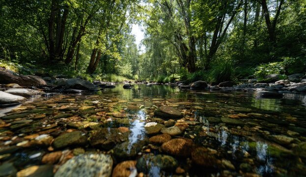 Crystal-clear stream winding through lush forest - Powered by Adobe