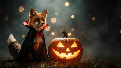 A red fox with golden bokeh lights. The playful grin and dramatic fog create a fun and spooky Halloween scene.