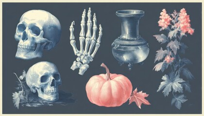 Ghosts, pumpkins, and skeleton hands in vector Halloween set.