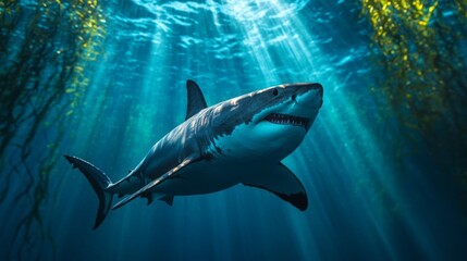 Fototapeta premium Majestic Great White Shark Swimming Gracefully Underwater in Sunlit Ocean Environment
