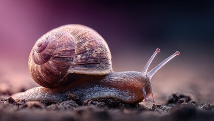 Close-up of a snail crawling on dirt