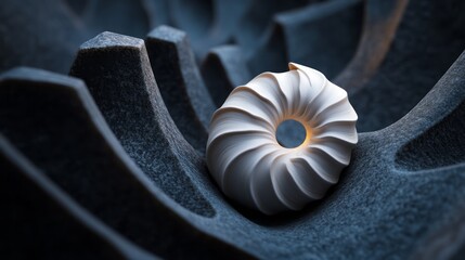 Elegant Shell Form Nested in Textured Dark Surface with Swirling Patterns and Shadows