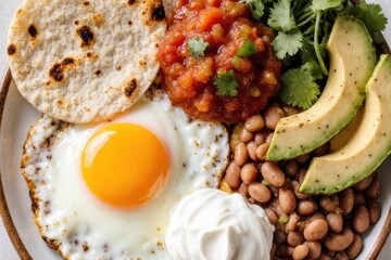 Breakfast Platter Featuring Huevos Rancheros and Salsa